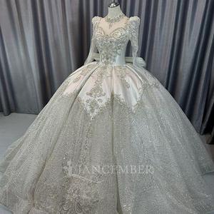 Lscm95 Luxury Ivory Ball Gown <b>Wedding</b> Dress Crystal Beaded Illusion Long Sleeve Corset Bridal Gown Glitter Jancember - Product Image 4