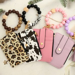 Borsa per carte con stampa leopardata portafoglio in pelle PU portachiavi da donna in legno con perline in Silicone bracciale con cerniera portachiavi a portafoglio - Product Image 2