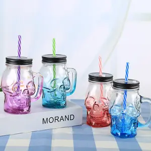 New Design Colored Glass Wide Mouth Skull Mason Jar with Handle Mason Jar Lid with Hole and Straw