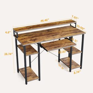 Bureau d'ordinateur marron avec plateau à clavier, bureau de 47 pouces avec support pour moniteur et étagères de rangement, poste de travail pour studio de musique - Product Image 3