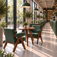 Ensemble de salle à manger en noyer émeraude avec chaises à accoudoirs en cuir vert grain de bois, pieds évasés, style Mid-Century, personnalisable pour restaurant et hôtel