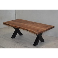 Table basse moderne vintage en bois massif avec bord naturel, pieds en métal industriels en X, pliable, pour la maison, l'hôtel, le salon