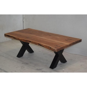 Table basse moderne vintage en bois massif Live Edge avec pied en X en métal industriel pliable pour la maison et l'hôtel - Product Image 1