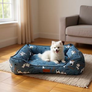 Set Cuccia per Cani in Lino Blu Scuro Stampato Tre Pezzi con Fondo Confortevole per Cuccioli - Product Image 3