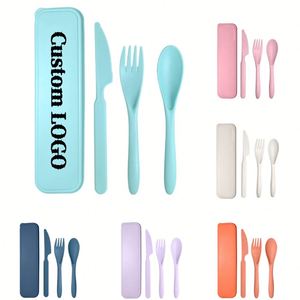 Custom LOGO BPA Free Wheat Straw Portable Knife Fork Spoons Tableware Reusable Utensils <b>Set</b> with Case for <b>Travel</b> Picnic Camp - Product Image 1