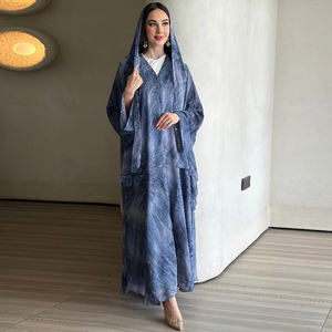 Robe en <span class=keywords><strong>mousseline</strong></span> imprimée tie-dye Abaya ouverte sur le devant avec bouton et écharpe assortie islamique musulmane femmes vêtements Caftan Robe <span class=keywords><strong>Djellaba</strong></span> - Product Image 3