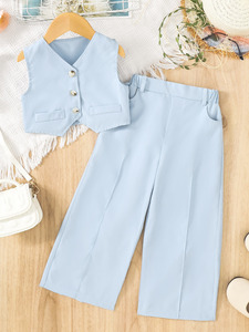 Conjunto <span class=keywords><strong>de</strong></span> 2 Piezas <span class=keywords><strong>para</strong></span> Niñas, Chaleco Color Lavanda y Pantalones Anchos, <span class=keywords><strong>Ropa</strong></span> Casual y Formal <span class=keywords><strong>de</strong></span> Verano <span class=keywords><strong>para</strong></span> Niñas Pequeñas, Venta al Por Mayor - Product Image 5