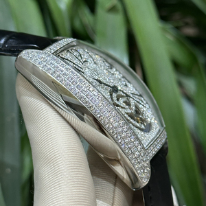 Montre mécanique de luxe avec cadran diamanté personnalisé, mouvement squelette, bracelet en cuir noir pour homme - Product Image 5