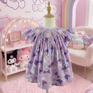 Vestido de Algodón para Niñas con Estampado de Conejo Morado, Estilo Boutique, Bordado a Mano, Mangas con Volantes - Product Image 1