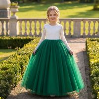 Robe de cérémonie pour filles, manches longues, dos nu en dentelle, verte, en tulle évasé, style princesse, pour fête, demoiselle d'honneur ou spectacle