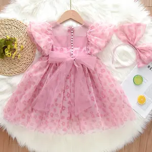 Платье для девочек, летнее 2024, детское платье для принцессы с повязкой на голову, одежда для маленьких девочек, повседневная одежда из органзы с цветком и кристаллами