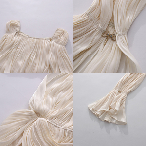 Vestido Mini Elegante Creme com Ombros Descobertos e Cintura Plissada para Mulheres, Vestido de Festa com Manga Longa, Atacado - Product Image 3