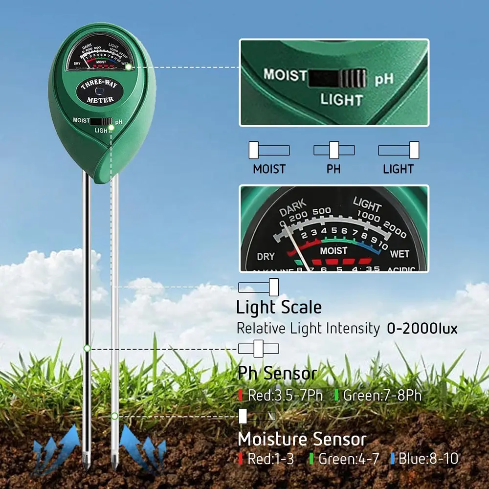 Soil Test Kit 3-in-1 Moisture/Light/PH Soil Tester Soil Moisture Meter for Plants Vegetables PH Meter Suitable Tester TR21