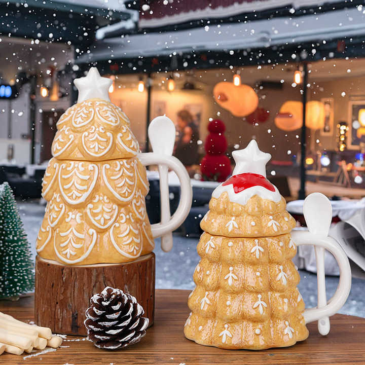 Redeco Christmas Tree Shaped 3D Coffee Ceramic Mug With Spoon Custom Cup for Festive Holiday Home Drinkware