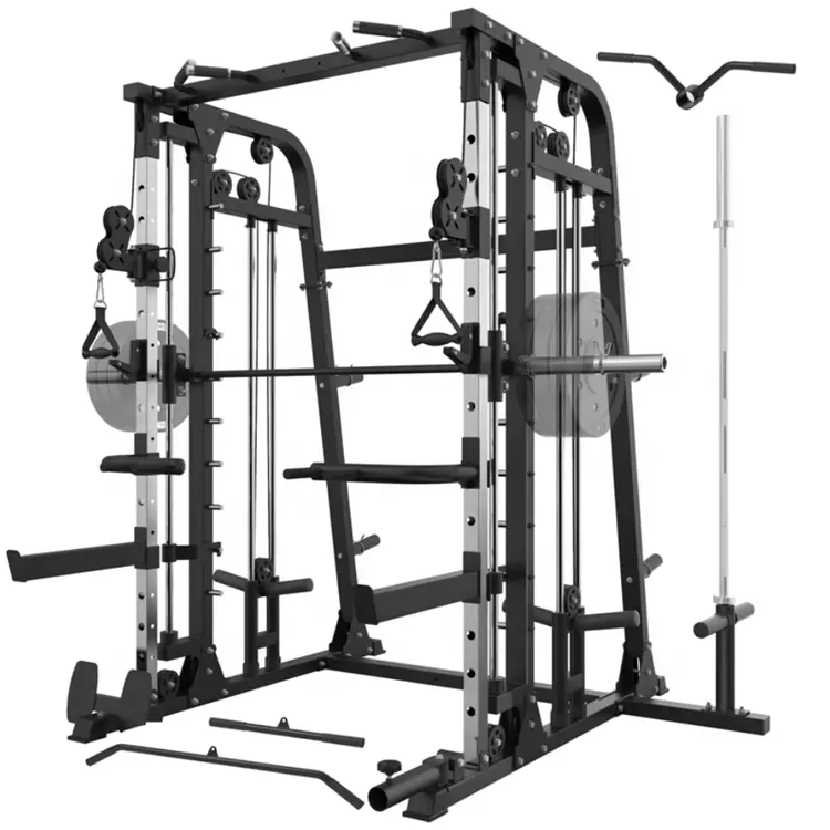 Smith Machine, Power Cage With Weight Bar And Two Lat Pulley Systems Commercial Home Gym Multifunctional Rack