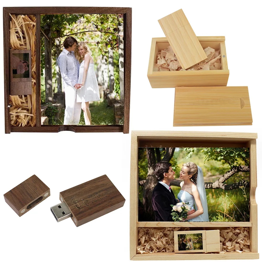 Walnut Wooden Photo Album Box USB 3.0 Flash Drive Pendrive Custom Engraved Logo Wedding gifts packaging wood box