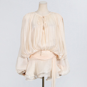 맨디의 새로운 유럽 미국 스타일 섹시 달콤한 매운 원피스 느슨한 게으른 긴 소매 리본 레이스 업 슬림 짧은 면 봄 - Product Image 2