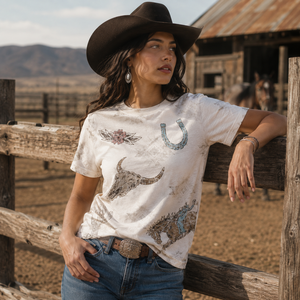 <b>Western</b> Cowgirl T-<b>Shirt</b> Women's Crew Neck Short Sleeve 100% Cotton Jersey Print Floral Horse Skull Horseshoe Casual Fit - Product Image 1