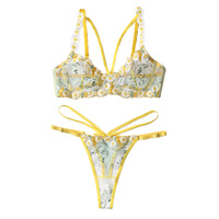 Ensemble soutien-gorge et culotte 2 pièces en maille transparente à fleurs jaunes pour femmes, de haute qualité, fourni par l'usine, écologique, contrôle de la lumière, armatures push-up