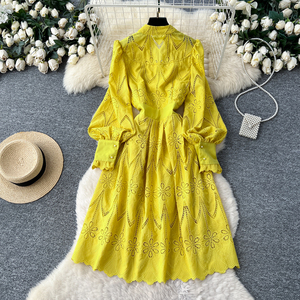 Vestido Midi Informal de Verano con Cuello en V Romano para Mujer, Manga Farol, Bordado Imperio, Vestido Calado - Product Image 4
