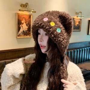 Plush Earflap <b>Hat</b> With Four Color Buttons Thickened Warm Windproof Unisex Winter <b>Beanie</b> 56-58Cm Cute Style - Product Image 3