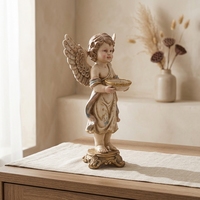 Statuette d'ange vintage en résine tenant un bol, sculpture décorative beige et or pour la maison, cadeau de fêtes
