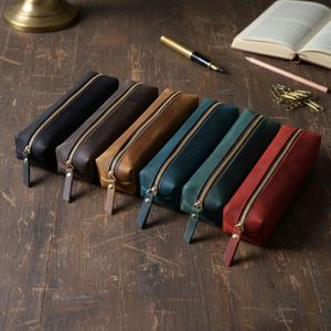 Simple Top Layer Cowhide Zipper Pencil Case Student Pencil <b>Box</b> <b>Large</b> Capacity Stationery Bag Welcome <b>Gifts</b> Promotional Durable - Product Image 1