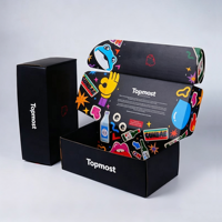 Boîte cadeau noire pliable avec logo personnalisé et impression d'autocollant à l'intérieur pour l'emballage de vêtements et de cadeaux, vente en gros