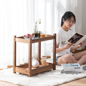 Movable Glass Side Table Bamboo Frame Bedside <b>Storage</b> <b>Cart</b> With Shelf For Bedroom Living Room Modern Minimalist Style - Product Image 2