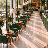 Ensemble de salle à manger en noyer émeraude avec chaises à accoudoirs en cuir vert grain de bois, pieds évasés, style Mid-Century, personnalisable pour restaurant et hôtel