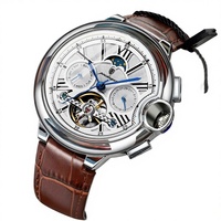 Montre mécanique neuve pour homme, étanche, automatique, tourbillon, boîtier en alliage, bracelet en cuir véritable, résistance à l'eau 50m