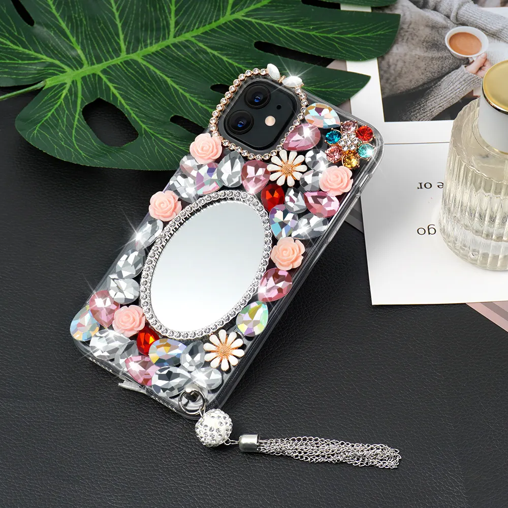 El yapımı moda ışıltılı Bling elmas temizle telefon kılıfı çiçek makyaj aynası Iphone 14 13 12 Pro Max