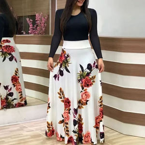 Robe longue élégante pour femmes, style bohème décontracté, imprimé floral tissé, taille haute, longueur cheville, lavable - Product Image 2