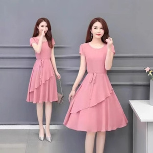 Summer Mid Length A Line <b>Dress</b> O Neck <b>Elastic</b> Waist Loose Casual Daily Wear Women's <b>Dress</b> - Product Image 2