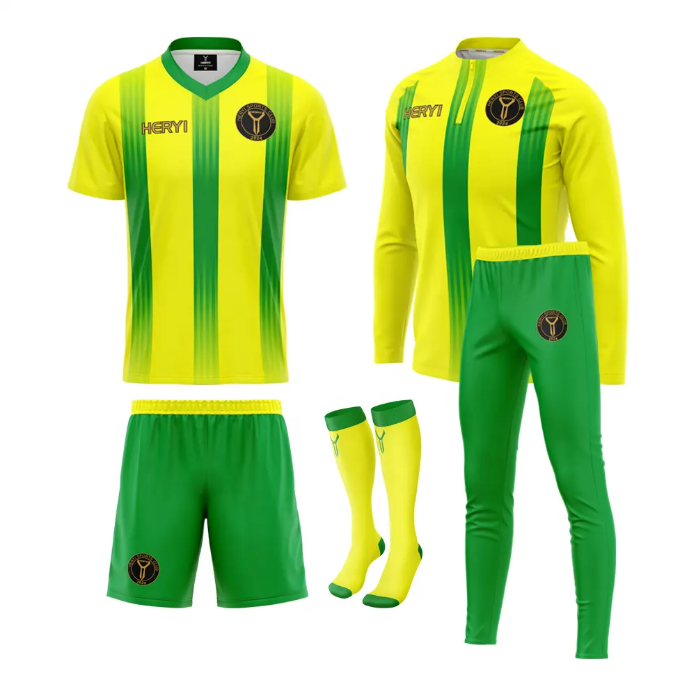 新ファッションドロップシッピング卸売クラブチームユースサッカーキットフルセットサッカーキット黄色と緑色のサッカーユニフォーム