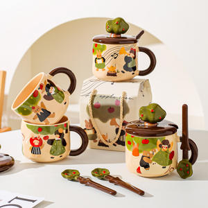 Mug rétro en céramique Apple Tree Girl avec couvercle et cuillère, cadeau d'affaires écologique de luxe pour le bureau, couleur et capacité personnalisables - Product Image 3