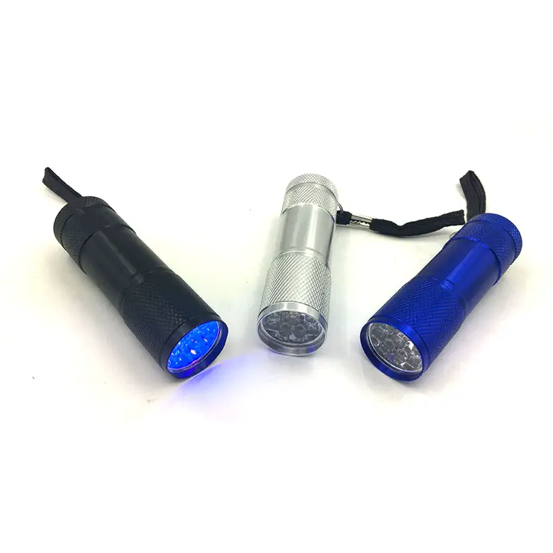 Super Bright powerfull pocket Keychain Promotion Medical 3*AAA Dry Battery Mini UV 9Led Flash Light with rope
