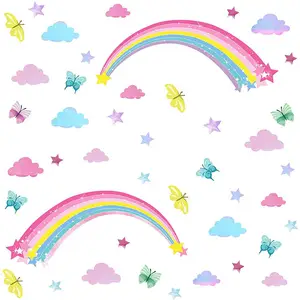 Rainbow Wall Decals Cloud Colorido Borboletas e Estrelas Decorativas Removíveis adesivos de parede do bebê