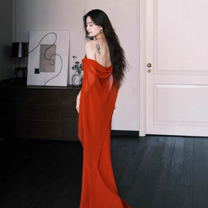 Red Off-Shoulder Backless Evening Gown Natural Waist Claret Polyester Coming-Of-Age Ceremony Dress - Product Image 3