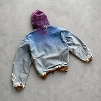Veste à capuche zippée pour homme, sur mesure, en toile, dégradé ombré bleu, effet teinture par immersion, déchirée, effilochée, bords bruts, coupe oversize