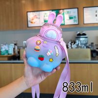 HECION Gourde en plastique mignonne en forme de dessin animé, grande capacité, avec paille et sangle portable pour enfants, 833ML