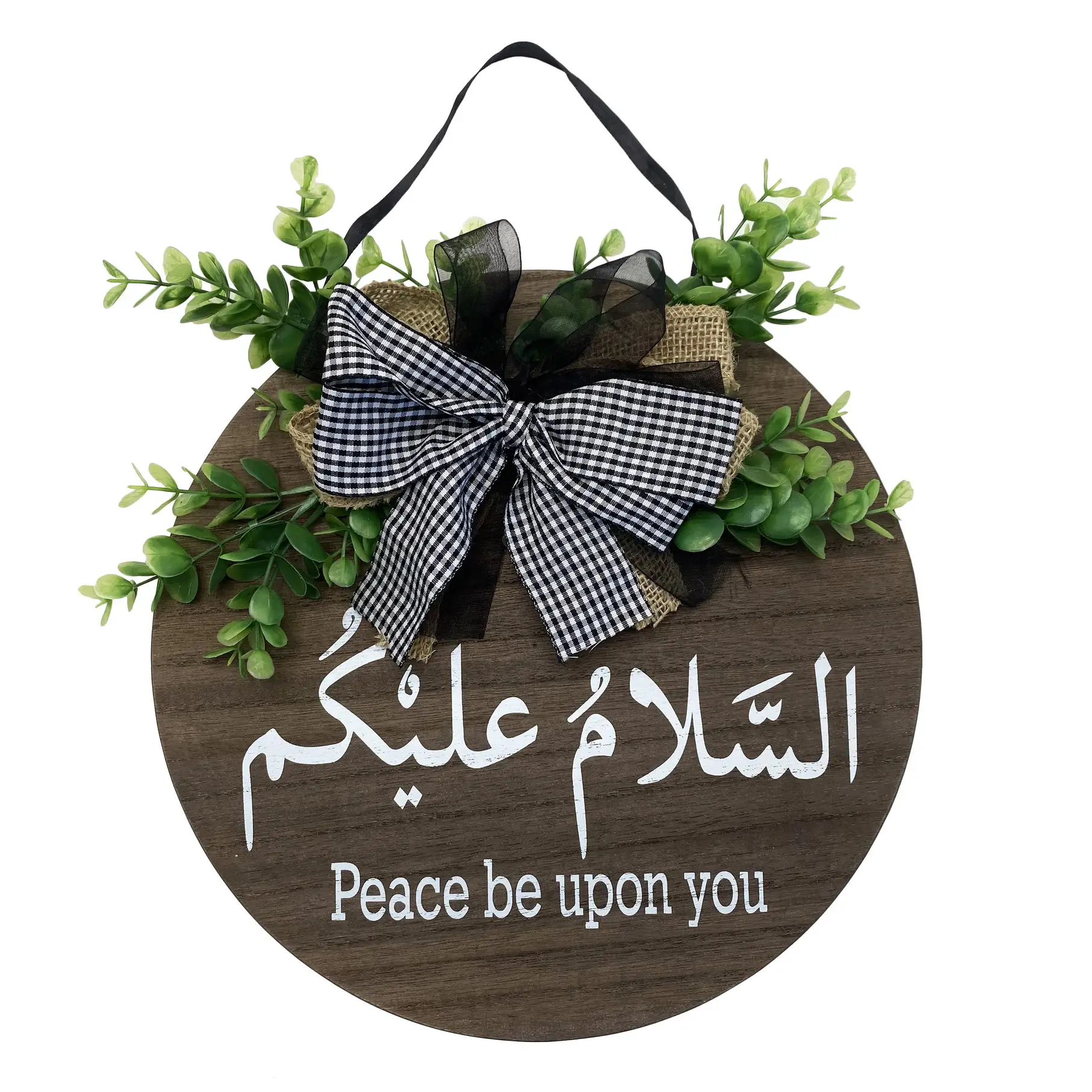 Custom Round Wooden Eid Calligraphy Arabic Hanging Welcome Modern Islamic wall Decor Hello Salam Front door sign Wall Sign