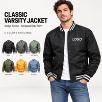 Blouson de baseball américain classique pour homme, personnalisé avec logo, haute qualité, style universitaire, décontracté, streetwear, boutons-pression, col côtelé rayé