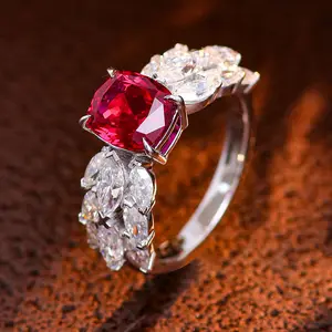 New Design Elongated Red Ruby With Marquise Moissanite Ring for Women 10K 14K 18K Solid Gold fashion rings