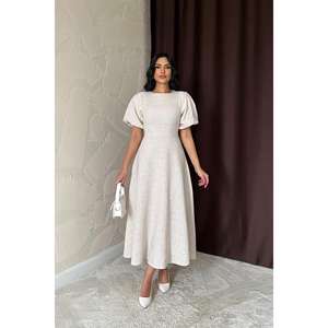 Robe de bal longue en gros ODM, beige, manches ballon, fleurs brodées, taille XL, style de fête formelle, pailletée pour les mariages - Product Image 6