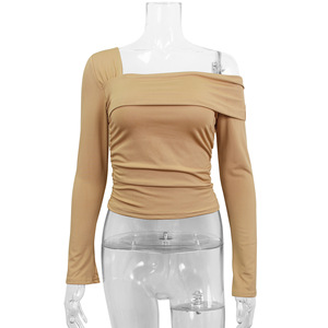 Camiseta de algodón Sexy para mujer con mangas largas y corte Irregular, Tops cortos con logotipo antibolitas, camiseta informal con cuello de hombro - Product Image 4