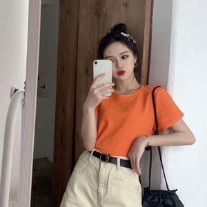 I-0665 Camiseta Holgada y Versátil de Color Caramelo Estilo Coreano para Mujer, Camiseta de Talla Grande con Cuello Redondo y Manga Corta - Product Image 3