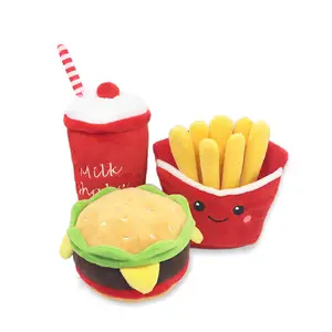 Bán buôn tương tác Pet đồ chơi sang trọng trong hình dạng của Hamburger khoai tây chiên Milkshake với squeak âm thanh cho mèo và chó