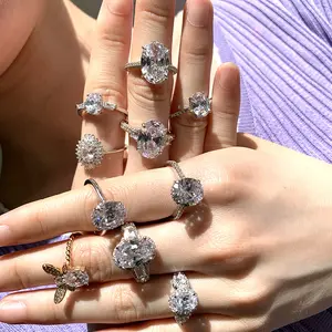 แหวนหมั้นเงินแท้2021ฮิปฮอป925,แหวนแต่งงาน CZ Cubic Zirconia แหวนเพชรหินวงรีใหญ่