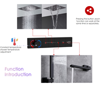 Ensemble de douche thermostatique moderne encastré au plafond avec affichage de la température, fonction pluie et cascade, et robinet de baignoire